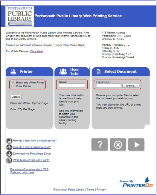 Screenshot of the Web Printing Service at the Library