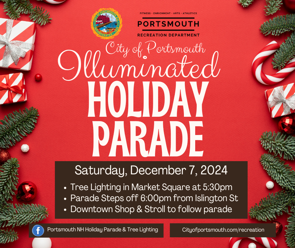 A graphic with Holiday packages, decorations, candy canes and evergreens on a red background with white text announcing the Tree Lighting & Holiday Parade on Saturday, December 7 from 5:00 - 7