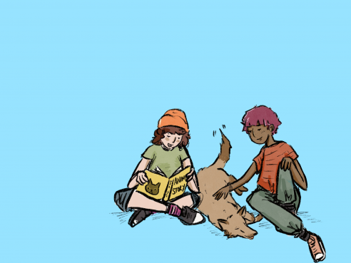 Two youths read a book while petting a dog. Illustration against a sky blue background.