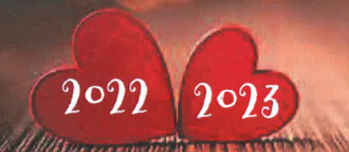Two red hearts sit side by side with 2022 written on one and and 2023 on the other.