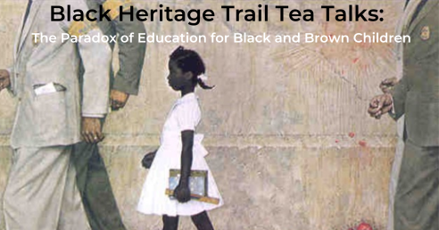 Black Heritage Trail Tea Talks the Paradox of Education for Black and Brown Children black girl in white dress walking with white men