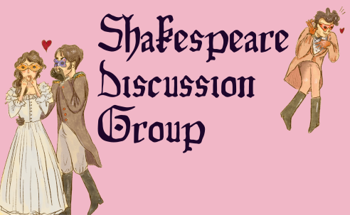 Shakespeare Discussion Group Man and woman in formal dress with heart above and man in distance observing them