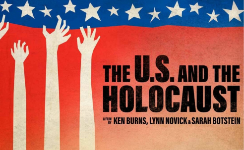 The US and the Holocaust A Ken Burns Documentary Hands and arms upstretched toward american flag stars on red background